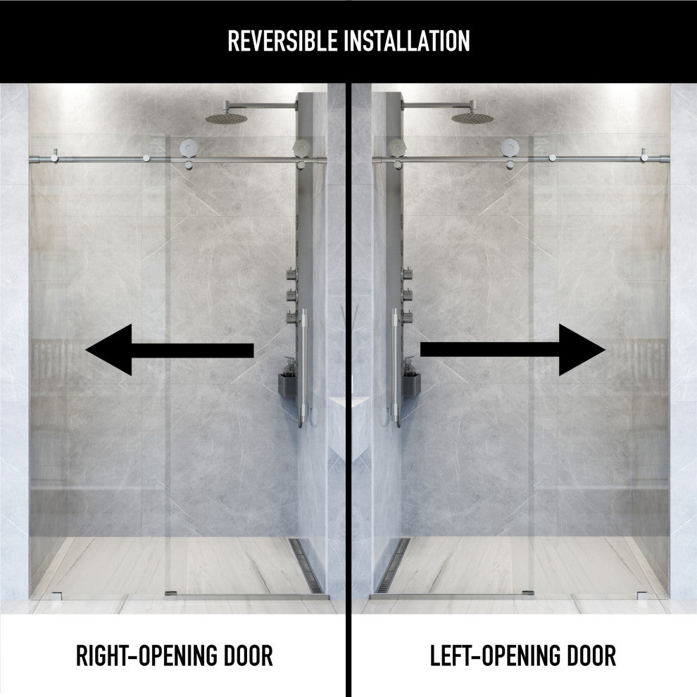 VIGO Elan Hart 56" to 60" W x 76" H Frameless Sliding Shower Door, Stainless Steel, Clear Glass