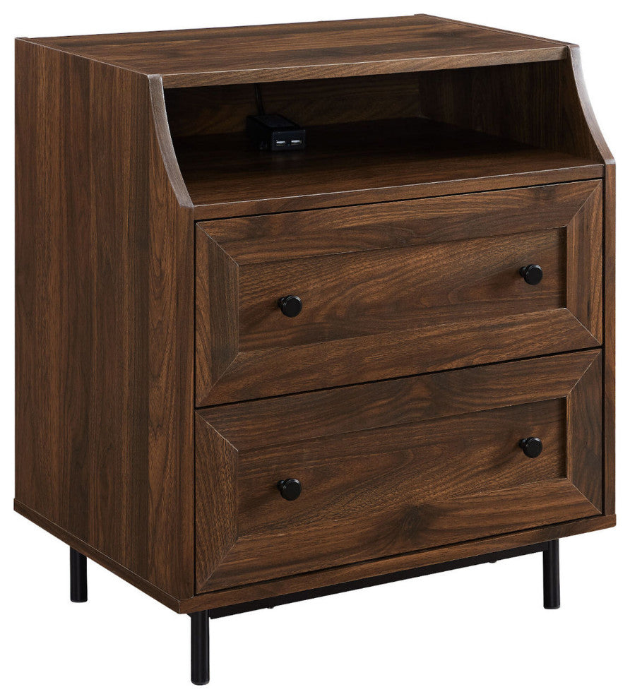 22" Curved Open Top 2 Drawer Nightstand with USB - Dark Walnut