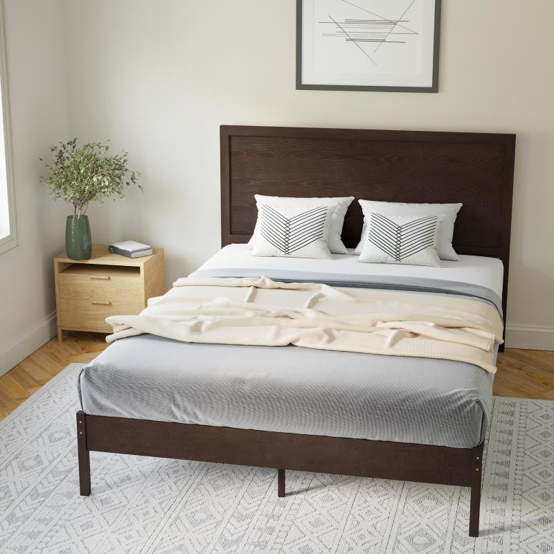 Asher Solid Wood Platform Bed with Wooden Slats and Headboard, Dark Brown, Queen
