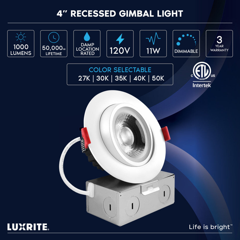 Luxrite 4" Gimbal LED Recessed Light 11W 5CCT 1000LM Dimmable 6 Pack