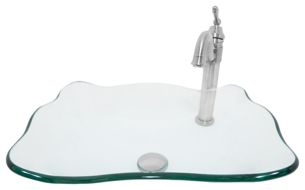 Clear Scalloped Tempered Glass Vessel Bathroom Sink with Faucet and Drain, Brushed Nickel