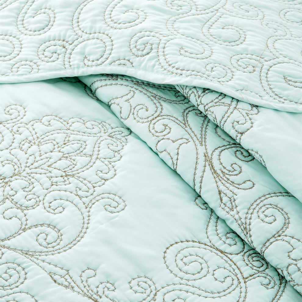 Damask Embroidered Quilted 4 Piece Bed Spread Sets, Light Blue, King