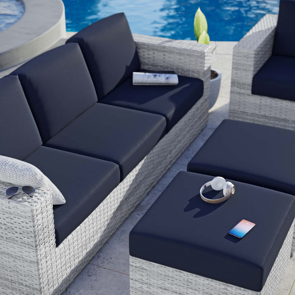 Lounge Sectional Sofa Chair Set, Rattan, Wicker, Gray Blue Navy, Outdoor