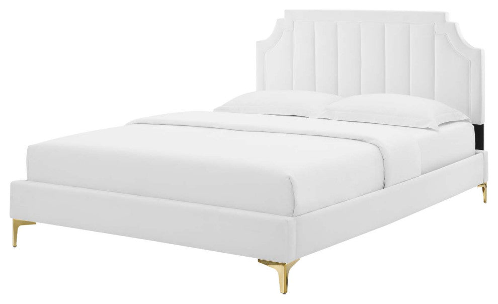 Platform Bed Frame, Queen Size, Velvet, White, Modern Contemporary, Bedroom