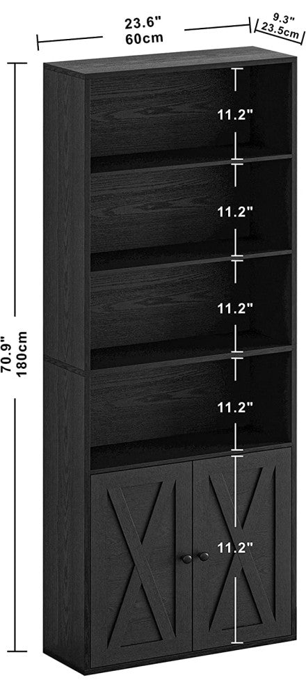 Industrial Bookshelf with Doors Floor Standing and 6 Storage Shelves 70 in Tall