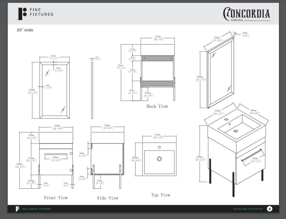 Fine Fixtures Modern Vanity Set, Gray Marble, 20", Black Hardware