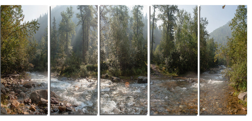 Mountain River Panorama, Landscape Canvas Art Print, 60"x28", 5 Panels