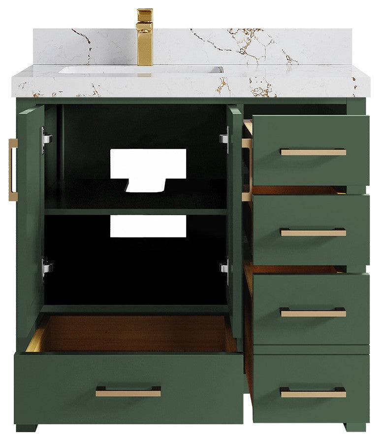 Malibu 36 Left Offset Bath Vanity in Lafayette Green 2" Viola Gold