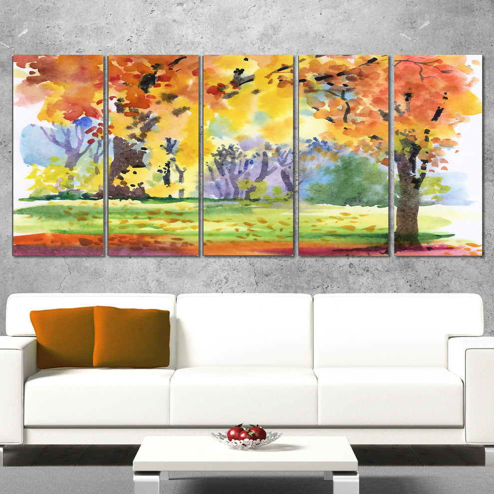 "Autumn Park Yellow Trees Watercolor" Landscape Wall Wall Art, 5 Panels, 60"x28"