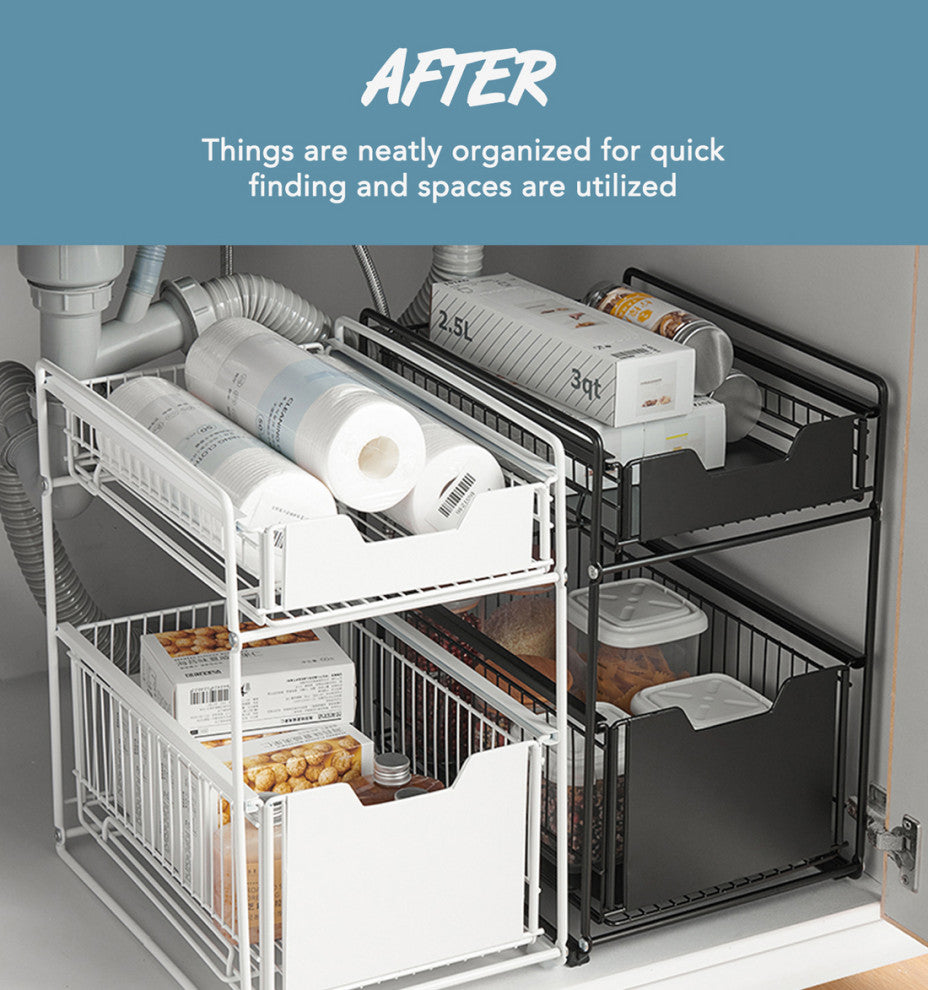 White Steel Under Sink Organizer and Storage, 2-Tier Countertop Sliding Rack