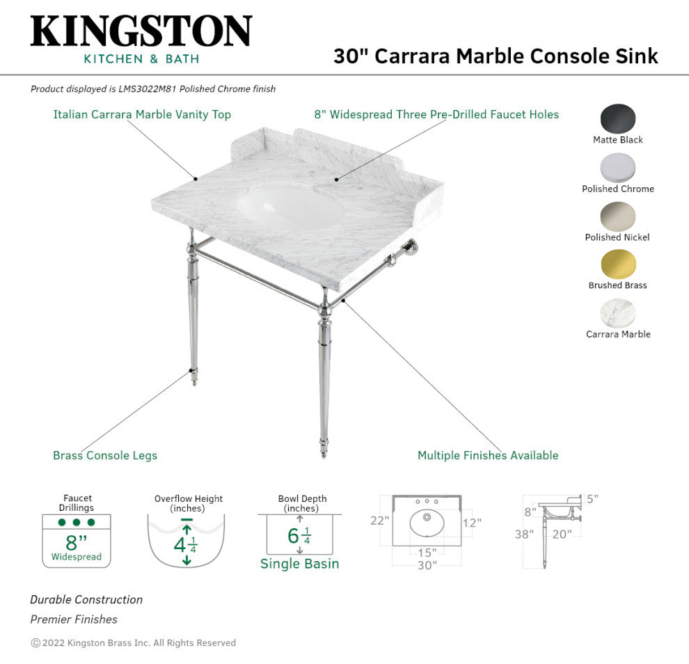 Kingston Brass LMS3022M86 30" Carrara Marble Console Sink, Legs