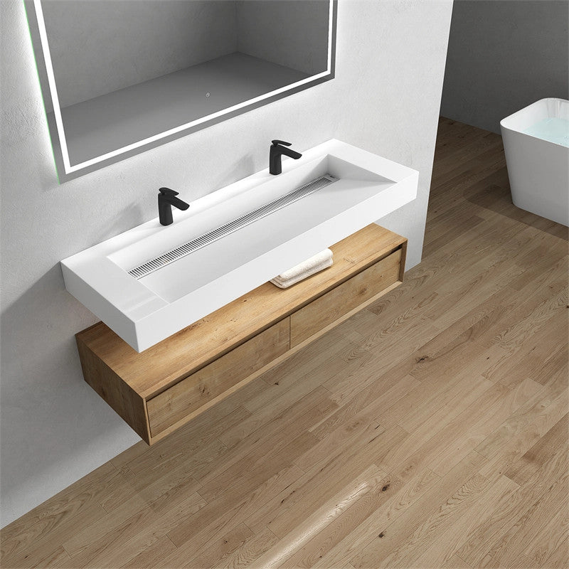 Alysa 60'' Floating Vanity, Acrylic Sink, Double Faucet Hole, White Oak