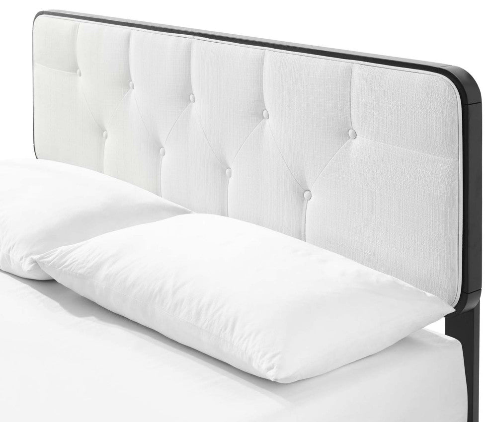 Platform Bed Frame, Queen Size, Fabric, Wood, Black White, Modern Mid-Century
