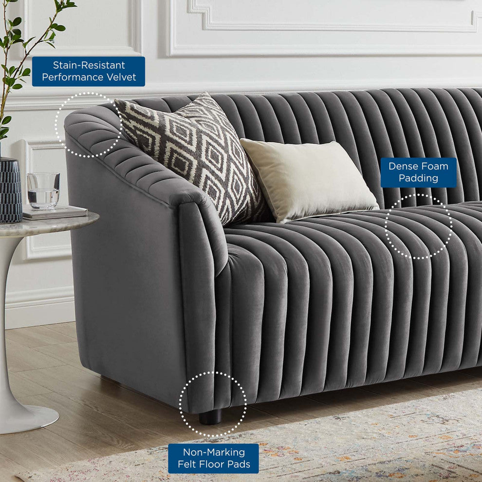 Tufted Sofa, Charcoal Gray, Velvet, Modern, Mid Century Hotel Lounge Cafe