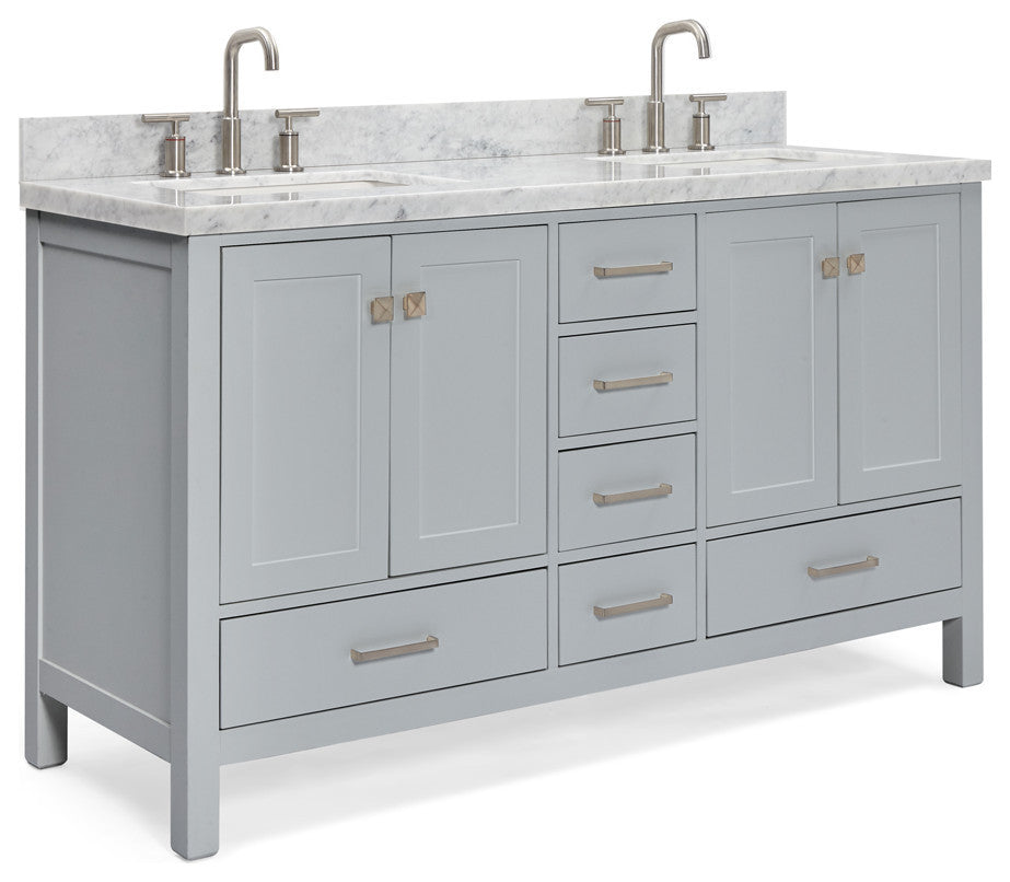 ARIEL Cambridge 61" Double Rectangle Sink Bathroom Vanity Grey With Marble Top