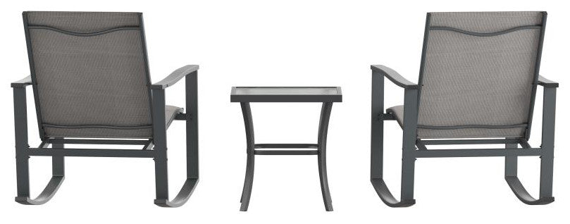 Brazos 3 Piece Outdoor Rocking Chair & Glass Top Table Set, Gray/Black