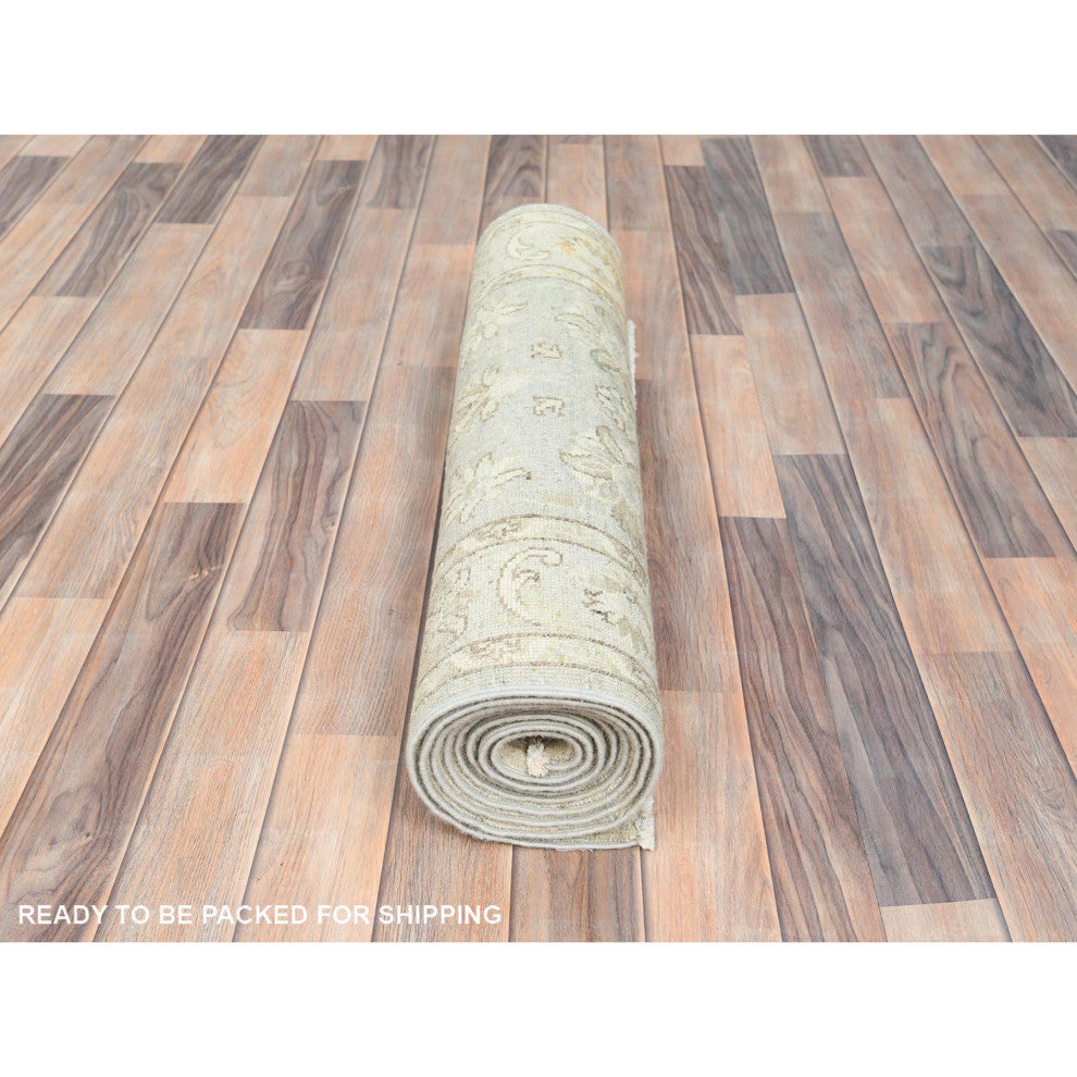 Ivory, Hand Knotted, Afghan Stone Washed Peshawar, Wool, Runner Rug, 2'9"x9'7"