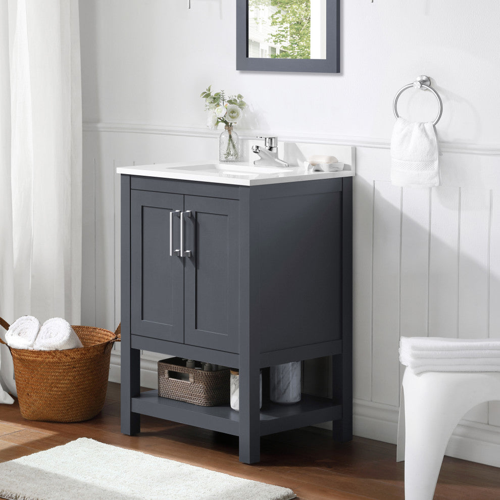 Ove Decors Vegas Single Sink Bathroom Vanity Set With Countertop, White, Dark Charcoal, 24"