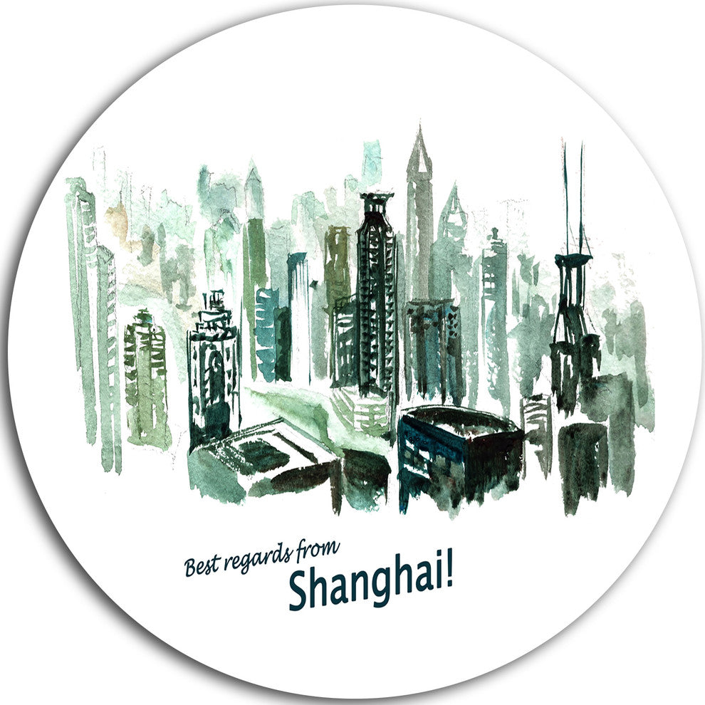 Shanghai Vector Illustration, Cityscape Round Metal Wall Art, 23"