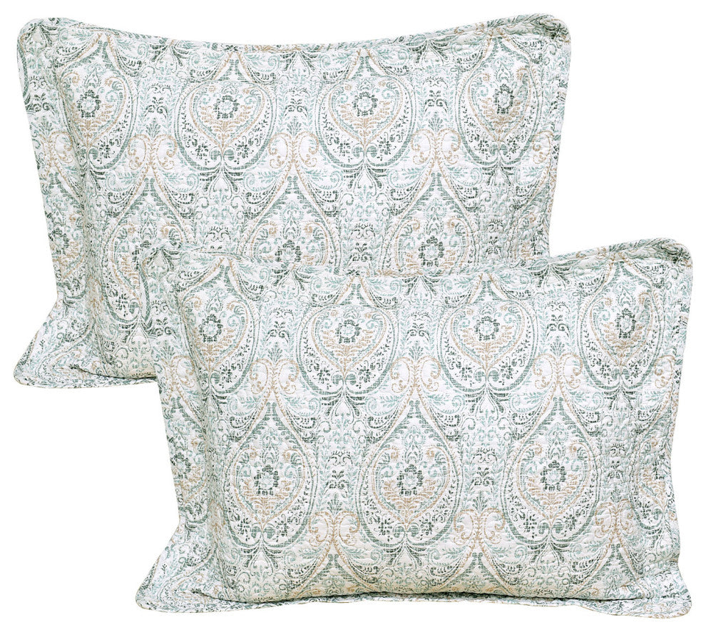 Damask 5 Piece Reversible Quilt Bed Spread Coverlet Set, Blue, Queen, 90"x90"