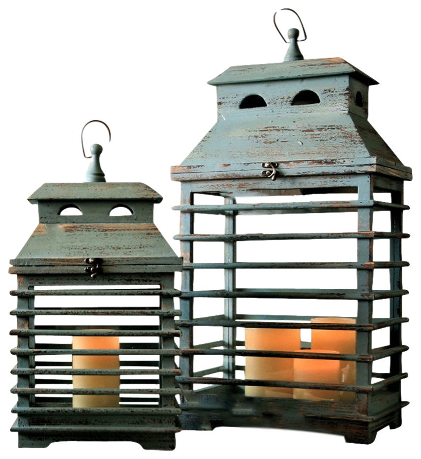 Blue Wood Shutter Hinged Lid Pillar Candle Lantern 2-Piece Set