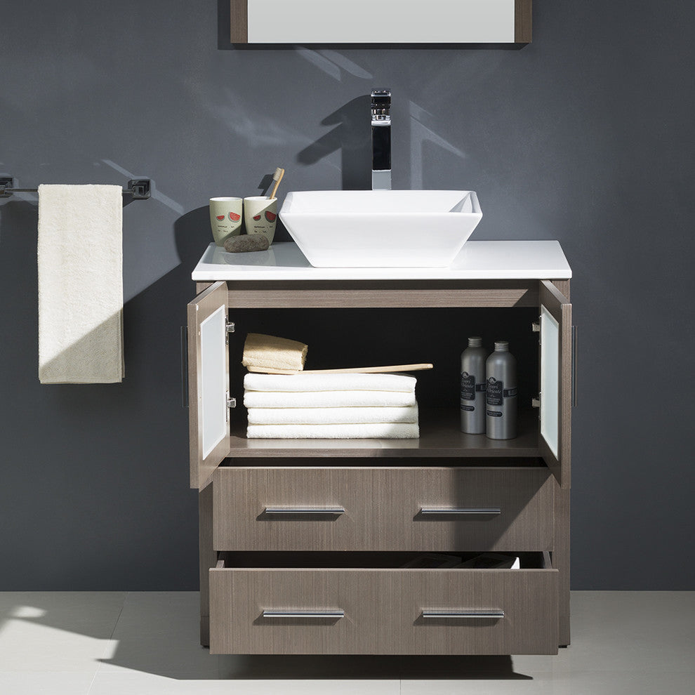 Torino 30" Gray Oak Modern Bathroom Vanity With Vessel Sink, FFT3072CH