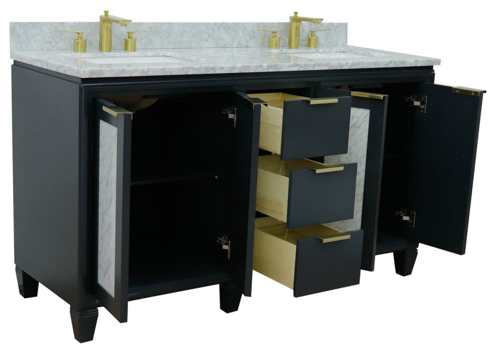 61" Double Sink Vanity, Dark Gray Finish With White Carrara Marble