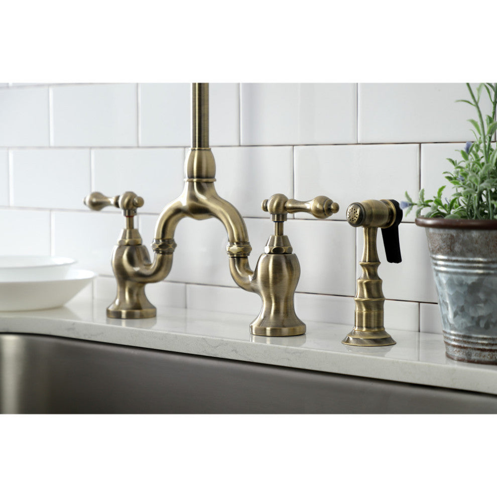 KS7793ALBS Country Bridge Kitchen Faucet With Brass Sprayer, Antique Brass