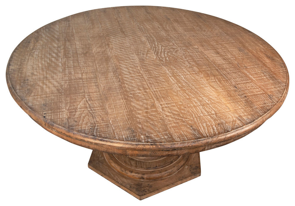 Nico 59" Round Reclaimed Pine Antique Natural Carved Pedestal Dining Table