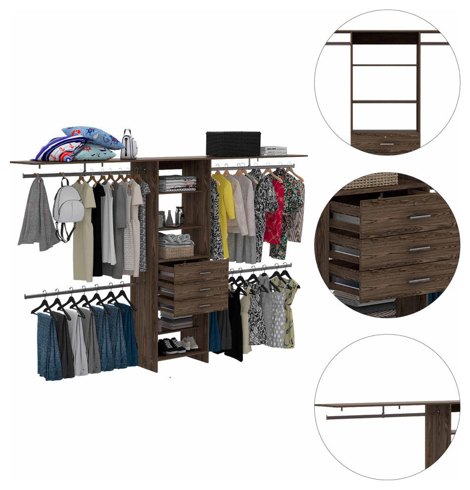 Pittsburg Drawer Closet with 5 Open Shelves, 4 Rods, and 3 Drawers,Dark Walnut