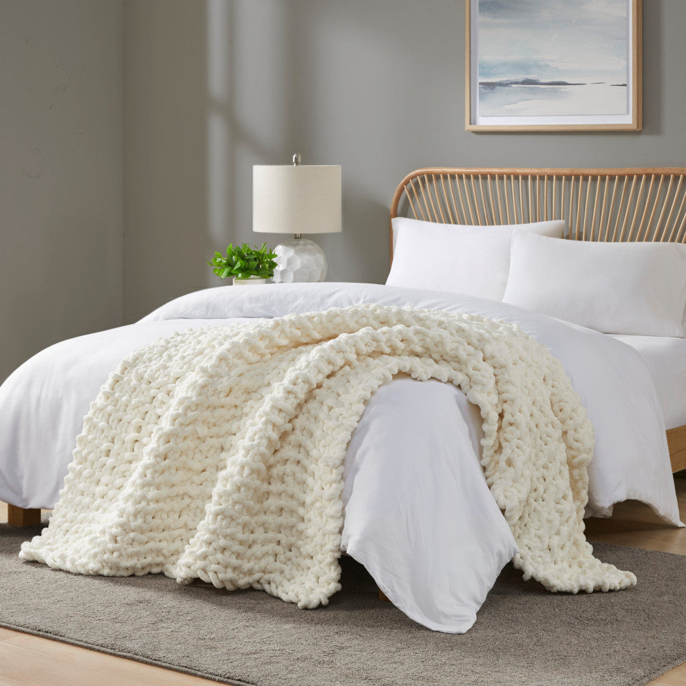 Madison Park Handmade Chenille Chunky Knit 50"x60" Throw, Ivory