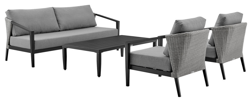 Aileen Patio 4-Piece Lounge Set, Aluminum and Wicker With Gray Cushions