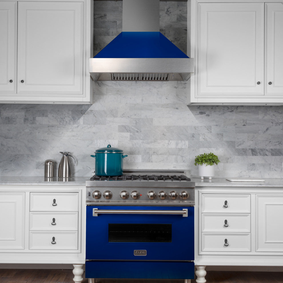 36" DuraSnow Stainless Steel Range Hood With Blue Gloss Shell, 8654BG-36