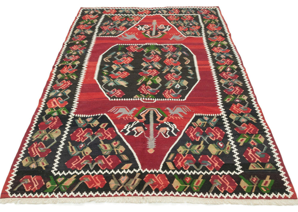Red, Black Vintage Karabakh Kilim Rug 4' 4" x 7' 5", 52 in. x 89 in.