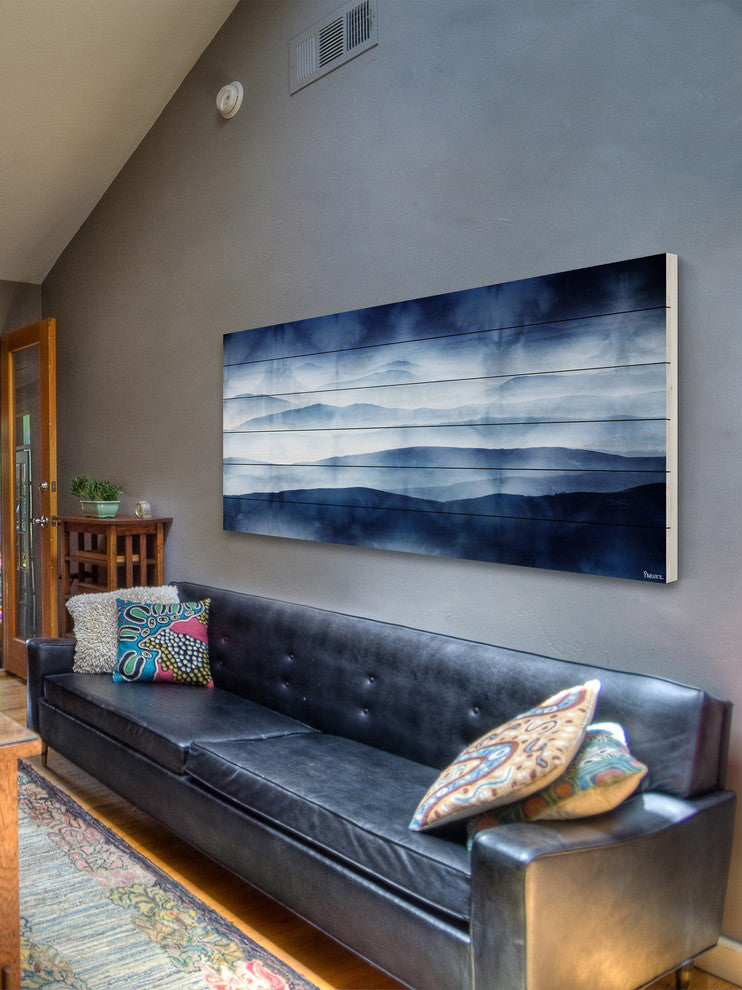 "Blue Mountains" Print on White Wood, 60"x20"