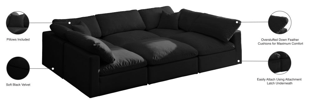 Plush Velvet / Down Standard Comfort 6-Piece U-Shaped Modular Sectional, Black