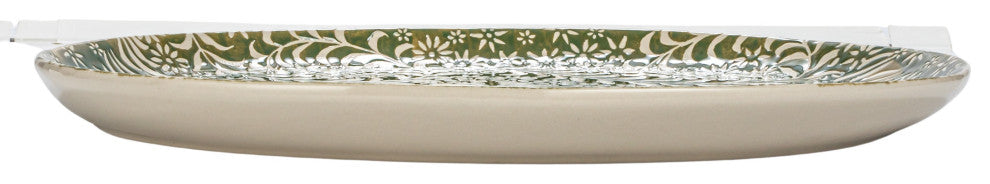 Stoneware Platter With Wax Relief Botanicals, Green