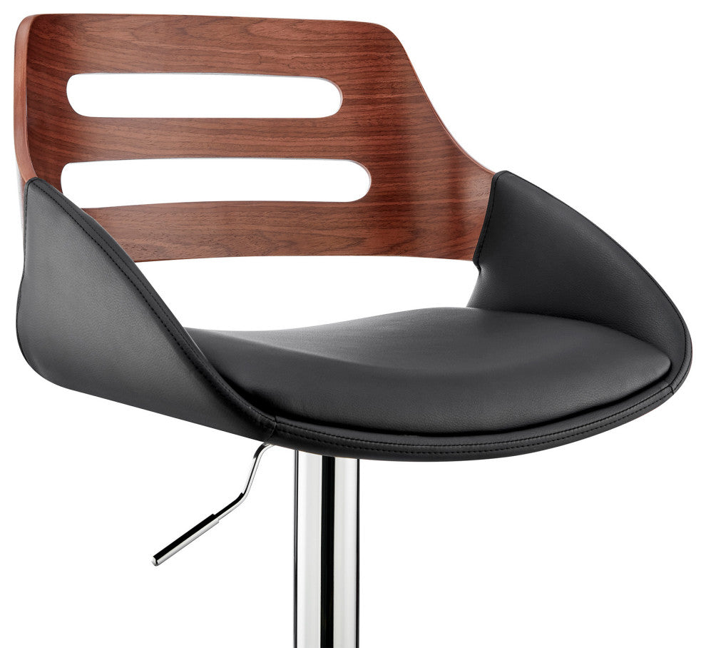 Black Faux Leather and Walnut Wood Adjustable Bar Stool