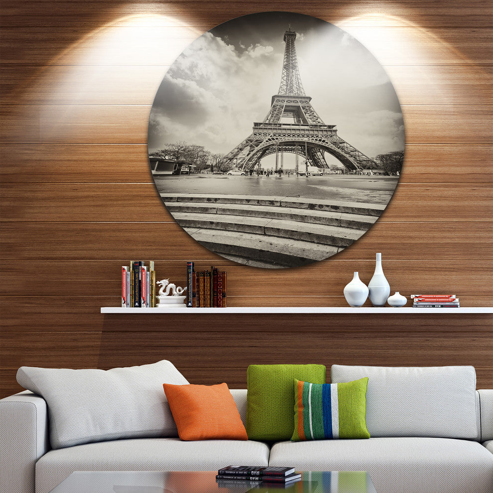 Eiffel Tower In Gray Shade, Landscape Photo Disc Metal Artwork, 11"