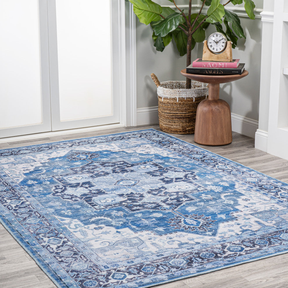 Maris Ornate Medallion Machine Washable Indoor Area Rug, Blue/Navy, 4 X 6