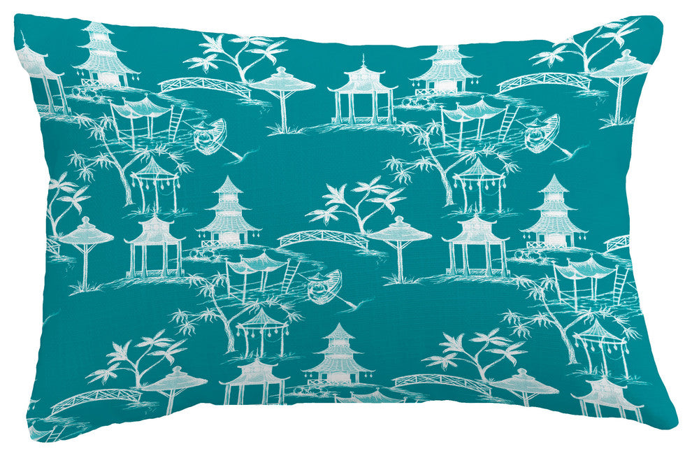 Chinapezka Floral Print Throw Pillow With Linen Texture, Blue, 14"x20"