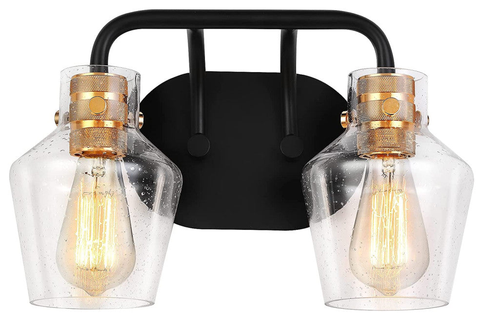 2-Light Black Wall Light Fixture Vintage Glass Wall Sconce Over Mirror