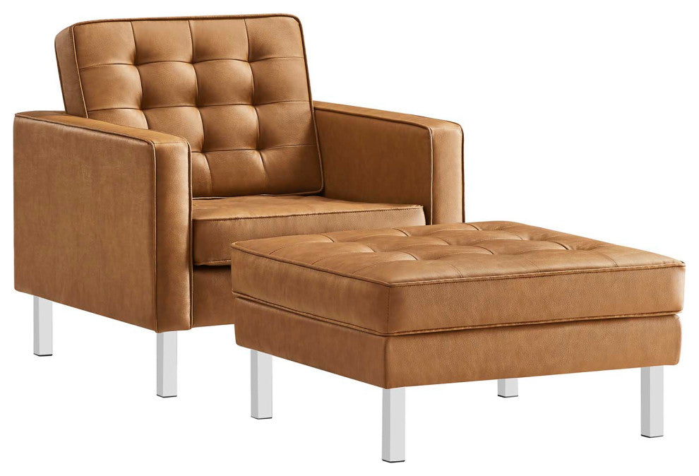 Loft Tufted Vegan Leather Armchair and Ottoman Set, Silver Tan