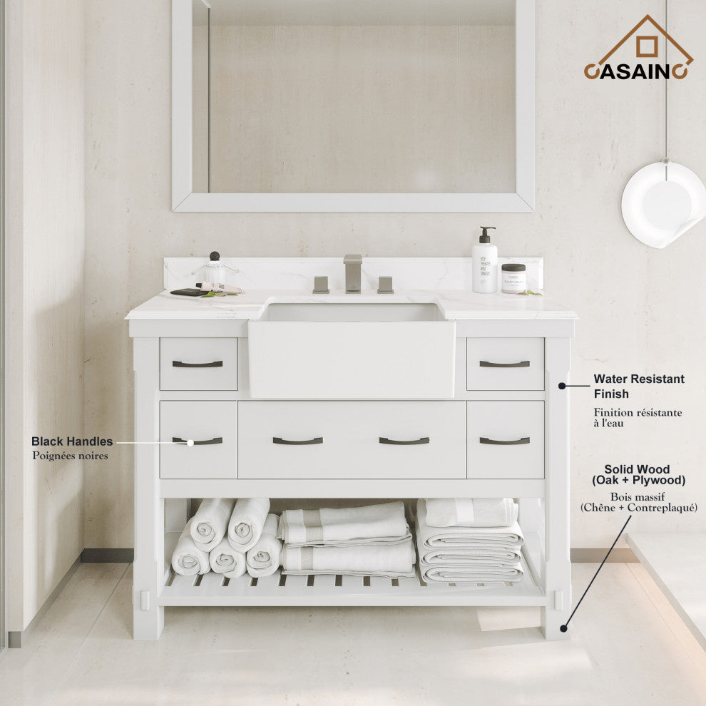 Freestanding Bath Vanity in White with White Quartz Top, 48in