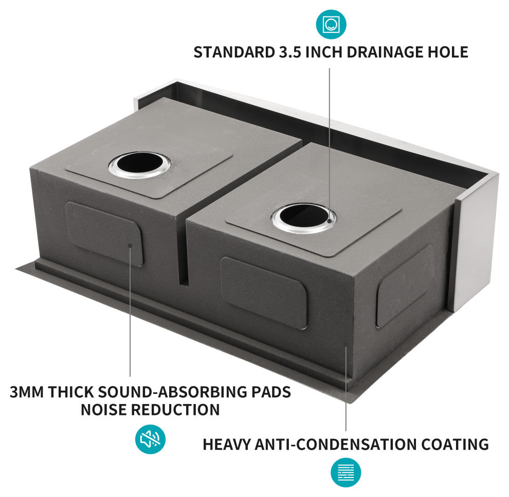 Stainless Steel Double Bowl Farmhouse Kitchen Sink, Workstation