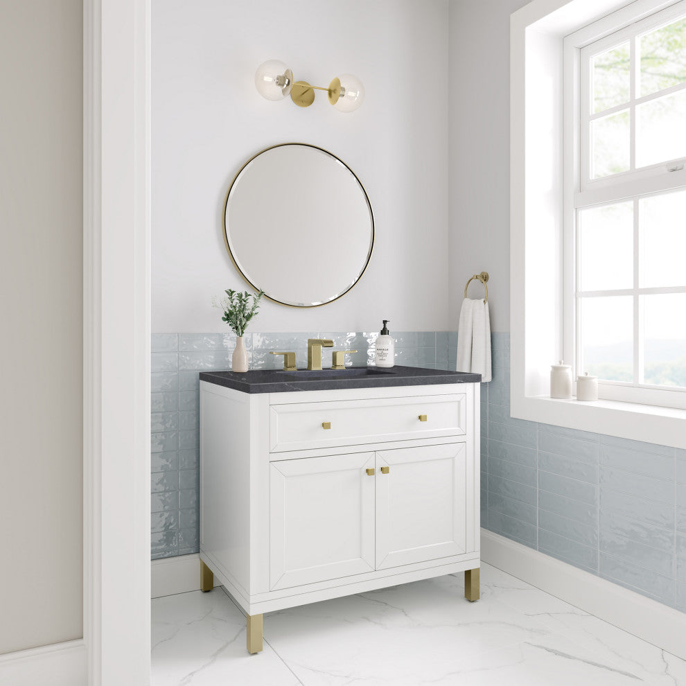Chicago 36" Single Vanity, Glossy White,  Charcoal Soapstone Top