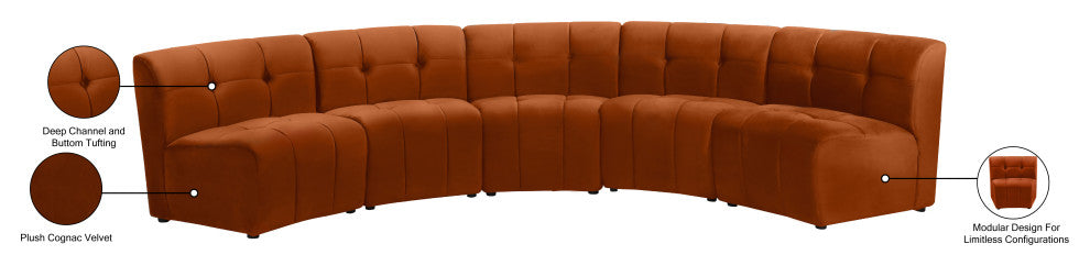 Limitless Velvet Upholstered 5-Piece Modular Sectional, Cognac