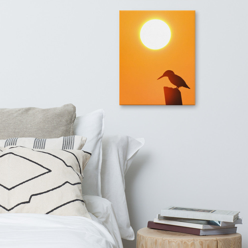 Kingfisher Bird Silhouette Sunset Animal Wildlife Photo Canvas Wall Art Prints, 16" X 20"