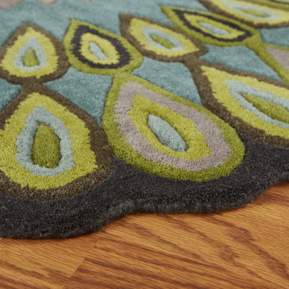 5" Round Green Peacock Feather Area Rug