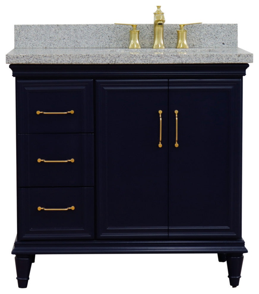37" Single Vanity, Blue Finish With Gray Granite